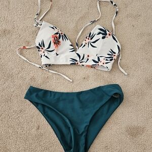 SHEIN White and Teal Floral Bikini